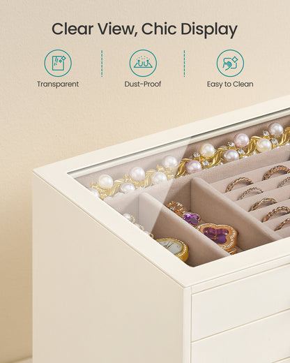 SONGMICS 5-Layer Jewelry Box with Glass Window, Jewelry Organizer with 5 Drawers, Golden Handles, Gift Idea, Light Warm White, 9.4 x 6.8 x 7.2 Inches