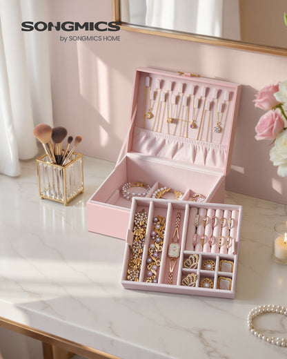 SONGMICS 2-Layer Jewelry Box Organizer, Jewelry Storage Case with Removable Tray and Handle, Earrings, 6.7 x 8.1 x 3.7 Inches, Gift Idea, Jelly Pink