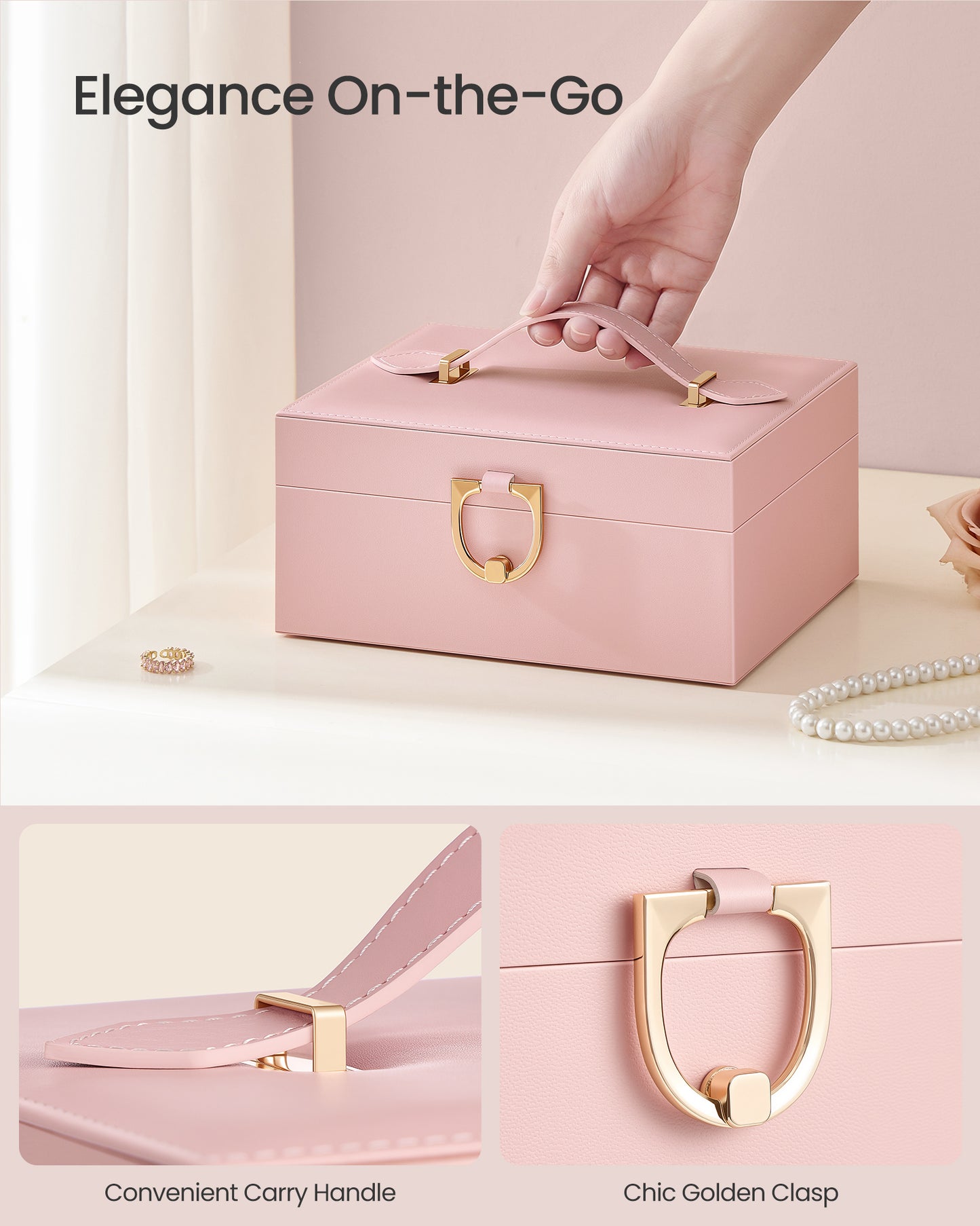 SONGMICS 2-Layer Jewelry Box Organizer, Jewelry Storage Case with Removable Tray and Handle, Earrings, 6.7 x 8.1 x 3.7 Inches, Gift Idea, Jelly Pink
