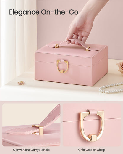 SONGMICS 2-Layer Jewelry Box Organizer, Jewelry Storage Case with Removable Tray and Handle, Earrings, 6.7 x 8.1 x 3.7 Inches, Gift Idea, Jelly Pink