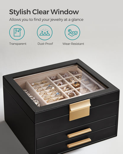 Modern 3-Tier Jewelry Box with Glass Lid & 2 Drawers, Jewelry Organizer for Women, 8 x 9.1 x 5.3 Inches, Graphite Black and Gold