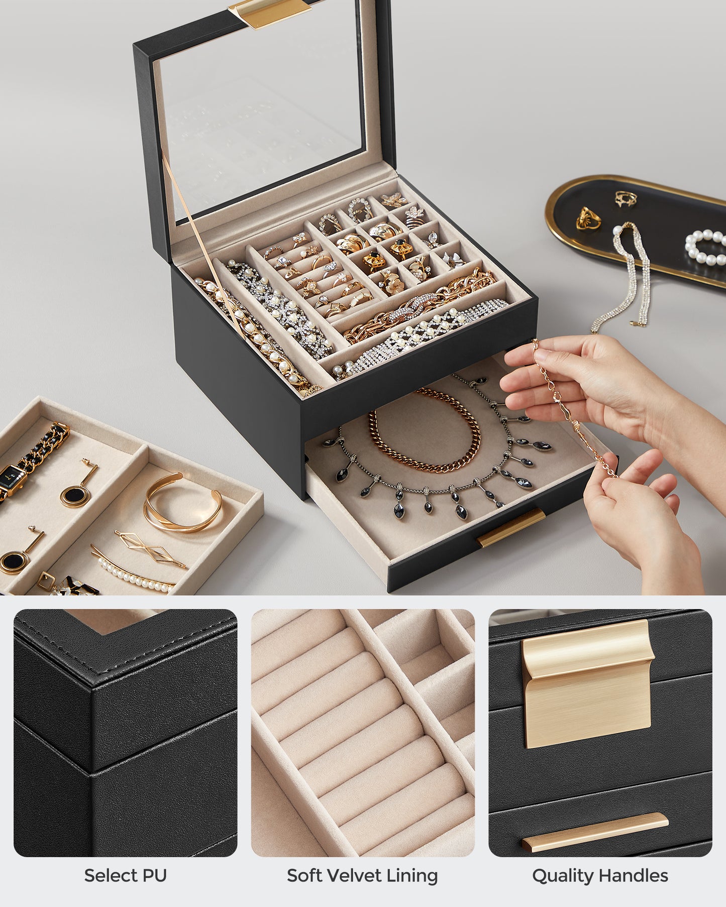 Modern 3-Tier Jewelry Box with Glass Lid & 2 Drawers, Jewelry Organizer for Women, 8 x 9.1 x 5.3 Inches, Graphite Black and Gold