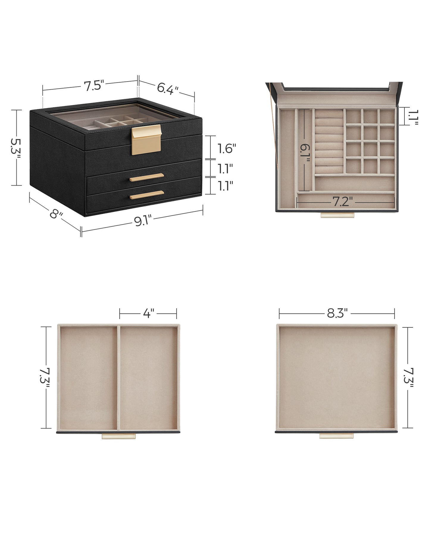 Modern 3-Tier Jewelry Box with Glass Lid & 2 Drawers, Jewelry Organizer for Women, 8 x 9.1 x 5.3 Inches, Graphite Black and Gold