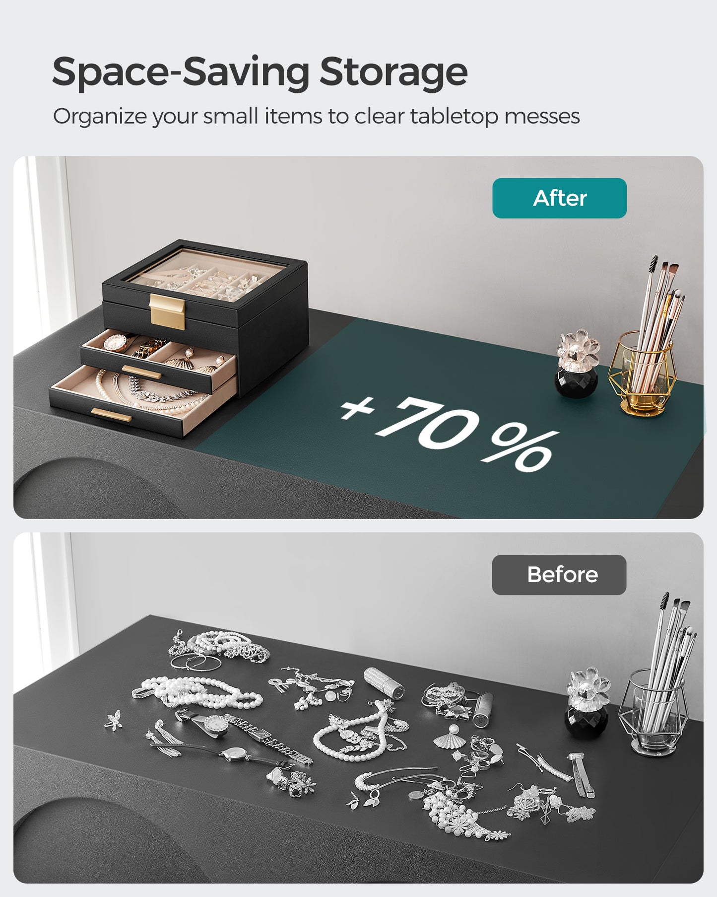 Modern 3-Tier Jewelry Box with Glass Lid & 2 Drawers, Jewelry Organizer for Women, 8 x 9.1 x 5.3 Inches, Graphite Black and Gold