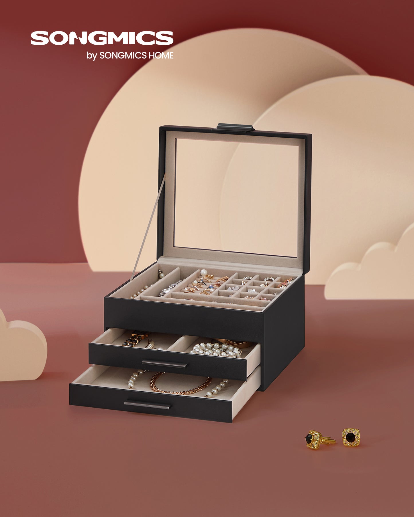 Glass Lid Jewelry Box with Glass Jewelry Organizer Case for Rings Necklaces Earrings Black and Silver