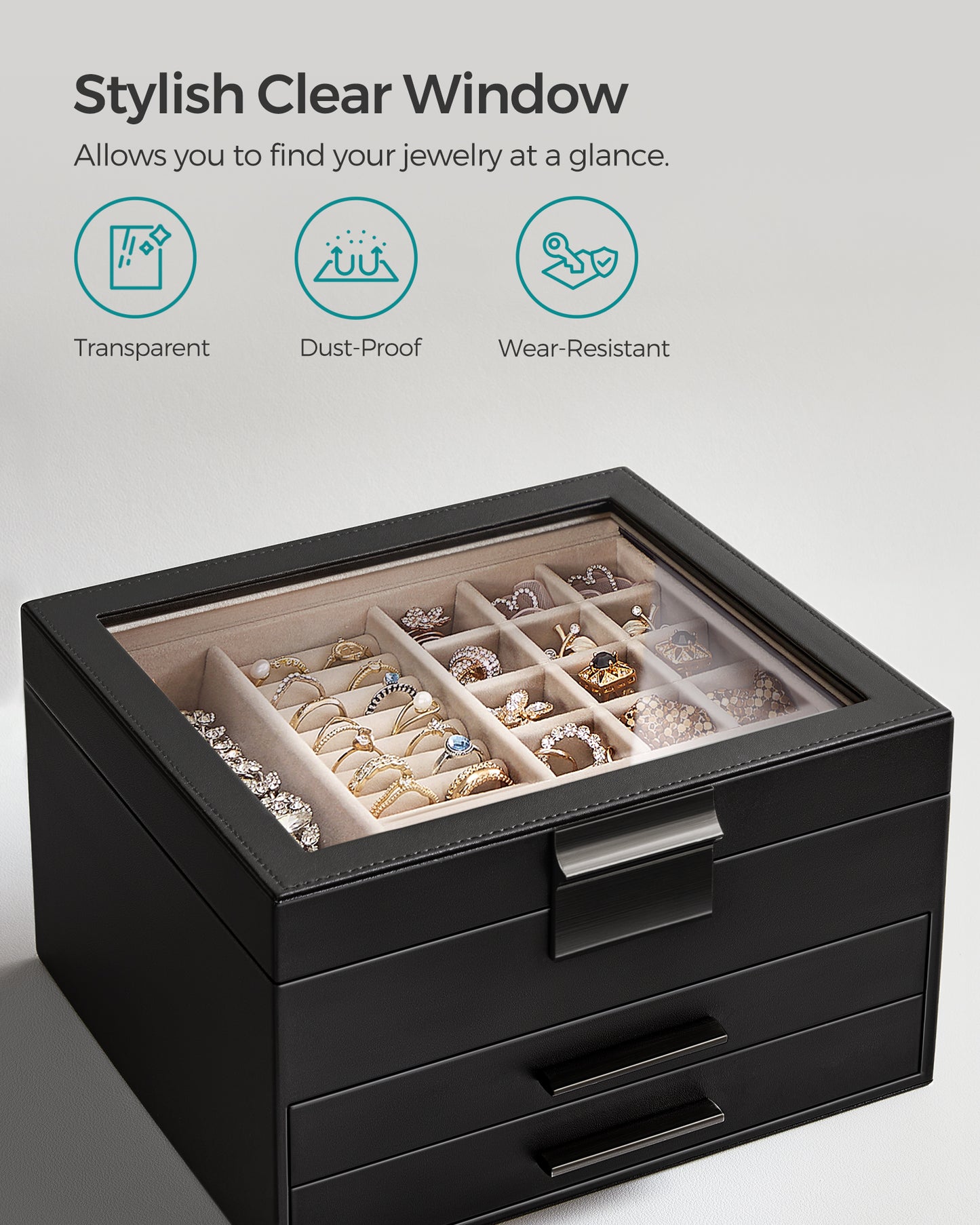 Glass Lid Jewelry Box with Glass Jewelry Organizer Case for Rings Necklaces Earrings Black and Silver