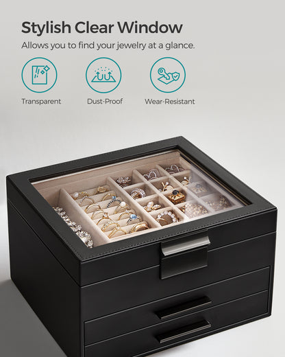 Glass Lid Jewelry Box with Glass Jewelry Organizer Case for Rings Necklaces Earrings Black and Silver