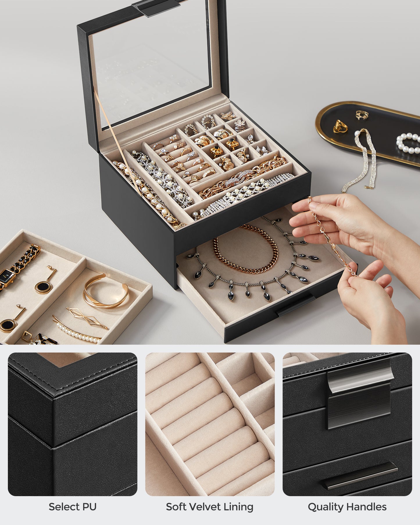 Glass Lid Jewelry Box with Glass Jewelry Organizer Case for Rings Necklaces Earrings Black and Silver