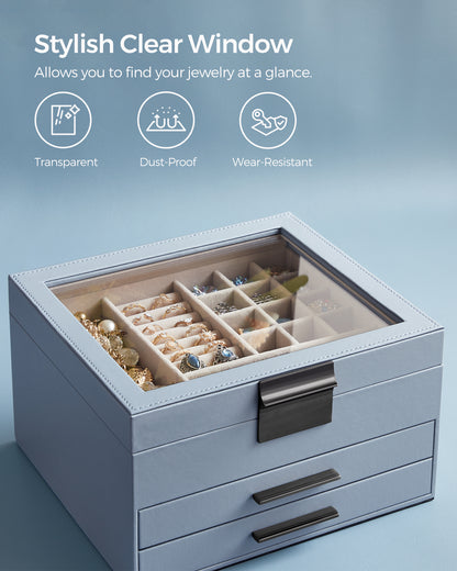 Jewelry Box with Glass Lid, 3-Layer Jewelry Organizer, 2 Drawers, for Big and Small Jewelry, Jewelry Storage,Smoky Blue and Silver
