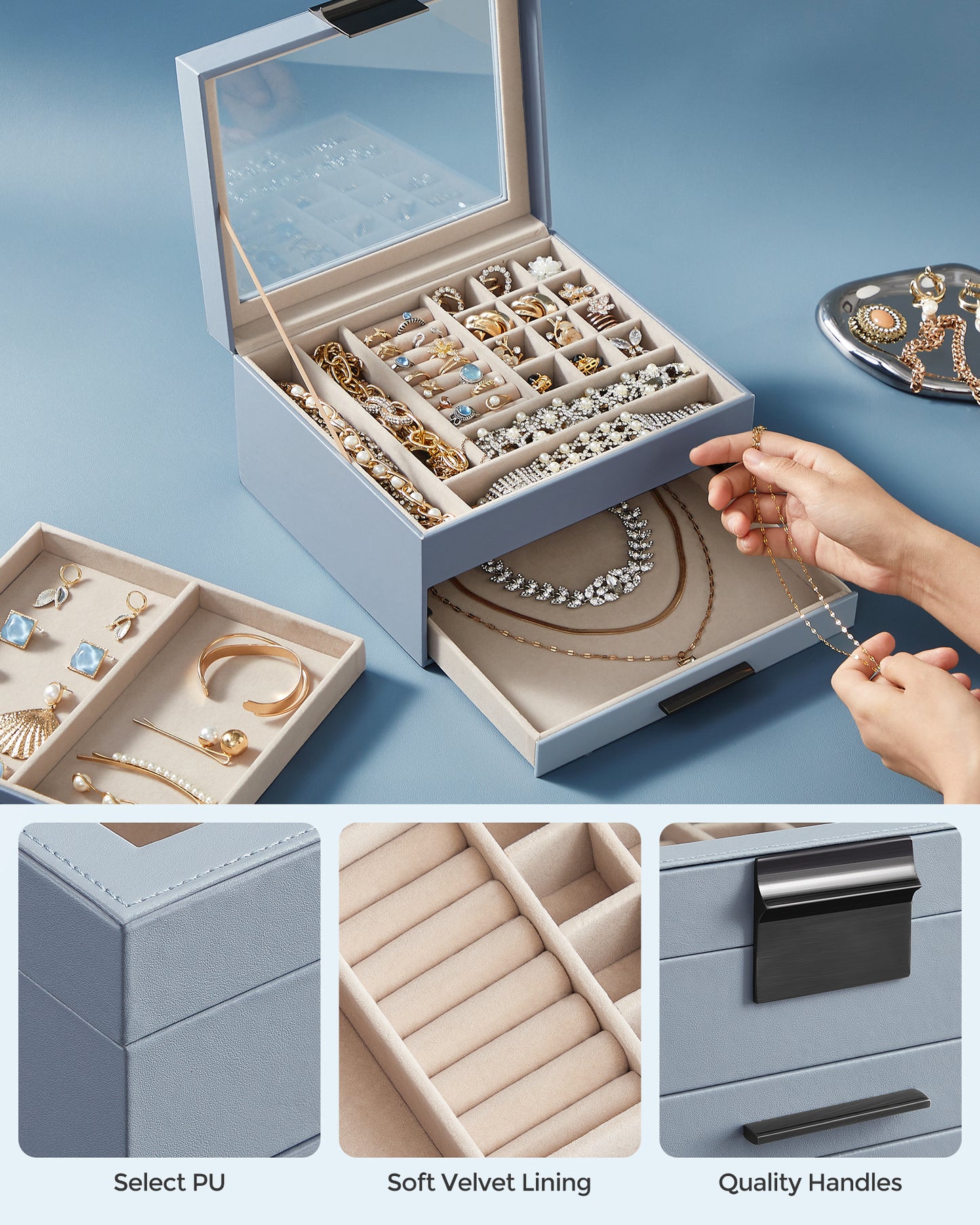 Jewelry Box with Glass Lid, 3-Layer Jewelry Organizer, 2 Drawers, for Big and Small Jewelry, Jewelry Storage,Smoky Blue and Silver