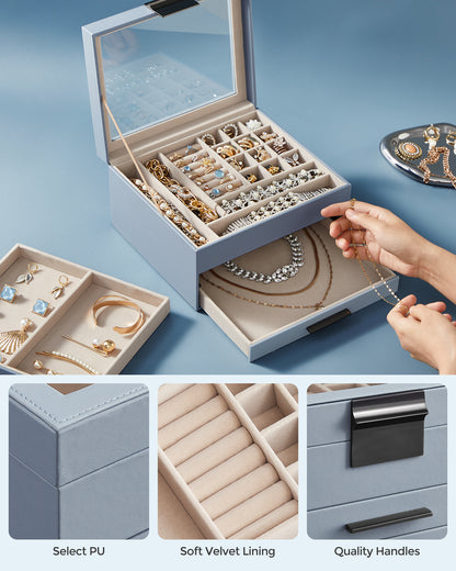 Jewelry Box with Glass Lid, 3-Layer Jewelry Organizer, 2 Drawers, for Big and Small Jewelry, Jewelry Storage,Smoky Blue and Silver
