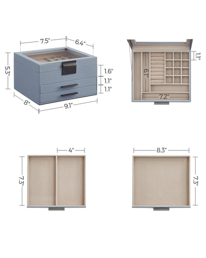 Jewelry Box with Glass Lid, 3-Layer Jewelry Organizer, 2 Drawers, for Big and Small Jewelry, Jewelry Storage,Smoky Blue and Silver