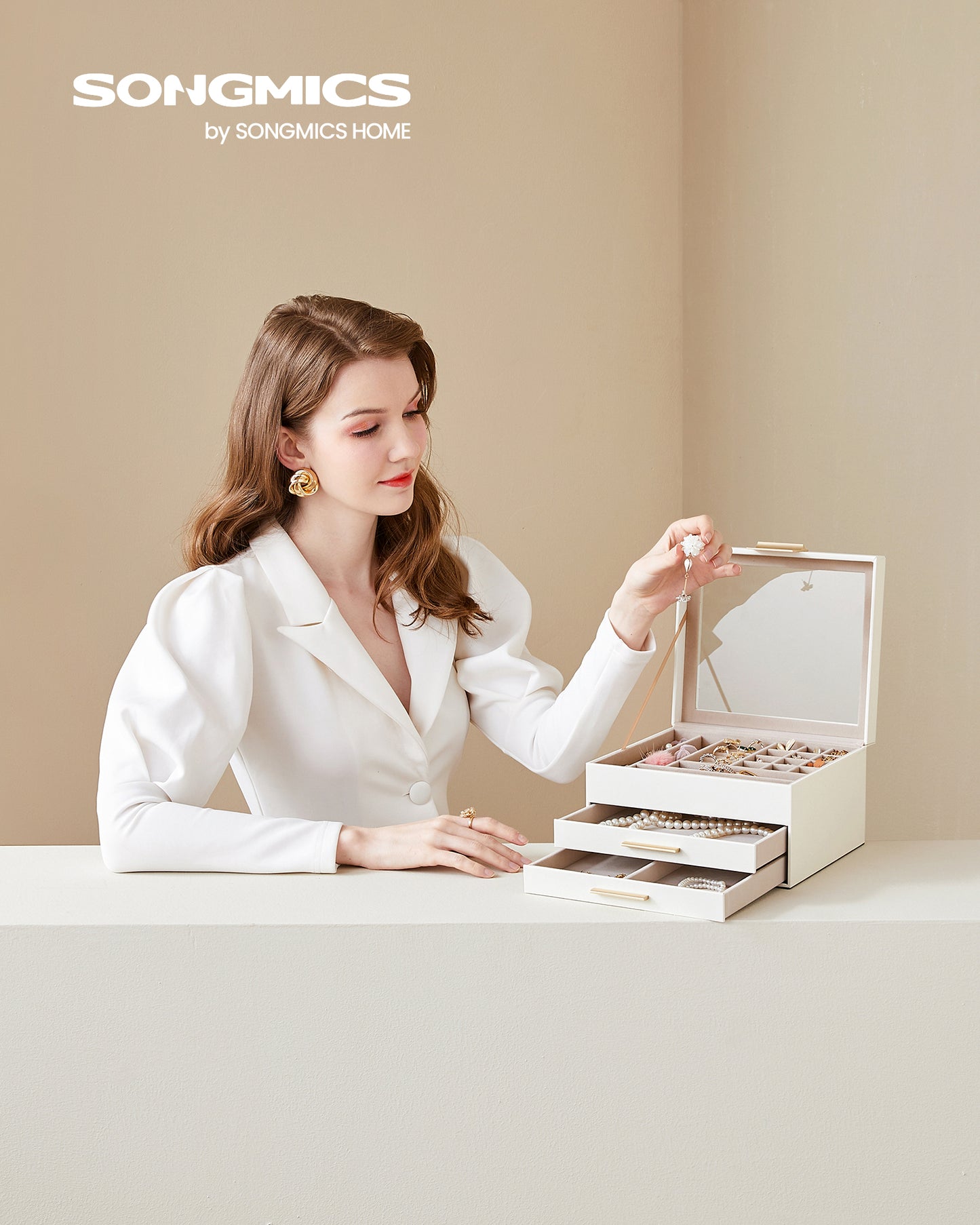 Glass Lid Jewelry Box, 3-Layer Jewelry Organizer with 2 Drawers, Modern Style - for Big and Small Jewelry, 8 x 9.1 x 5.3 Inches, White