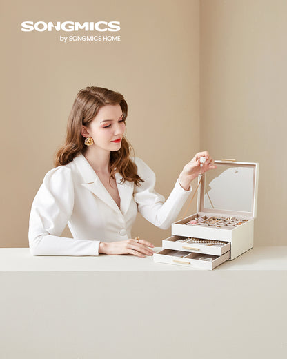 Glass Lid Jewelry Box, 3-Layer Jewelry Organizer with 2 Drawers, Modern Style - for Big and Small Jewelry, 8 x 9.1 x 5.3 Inches, White