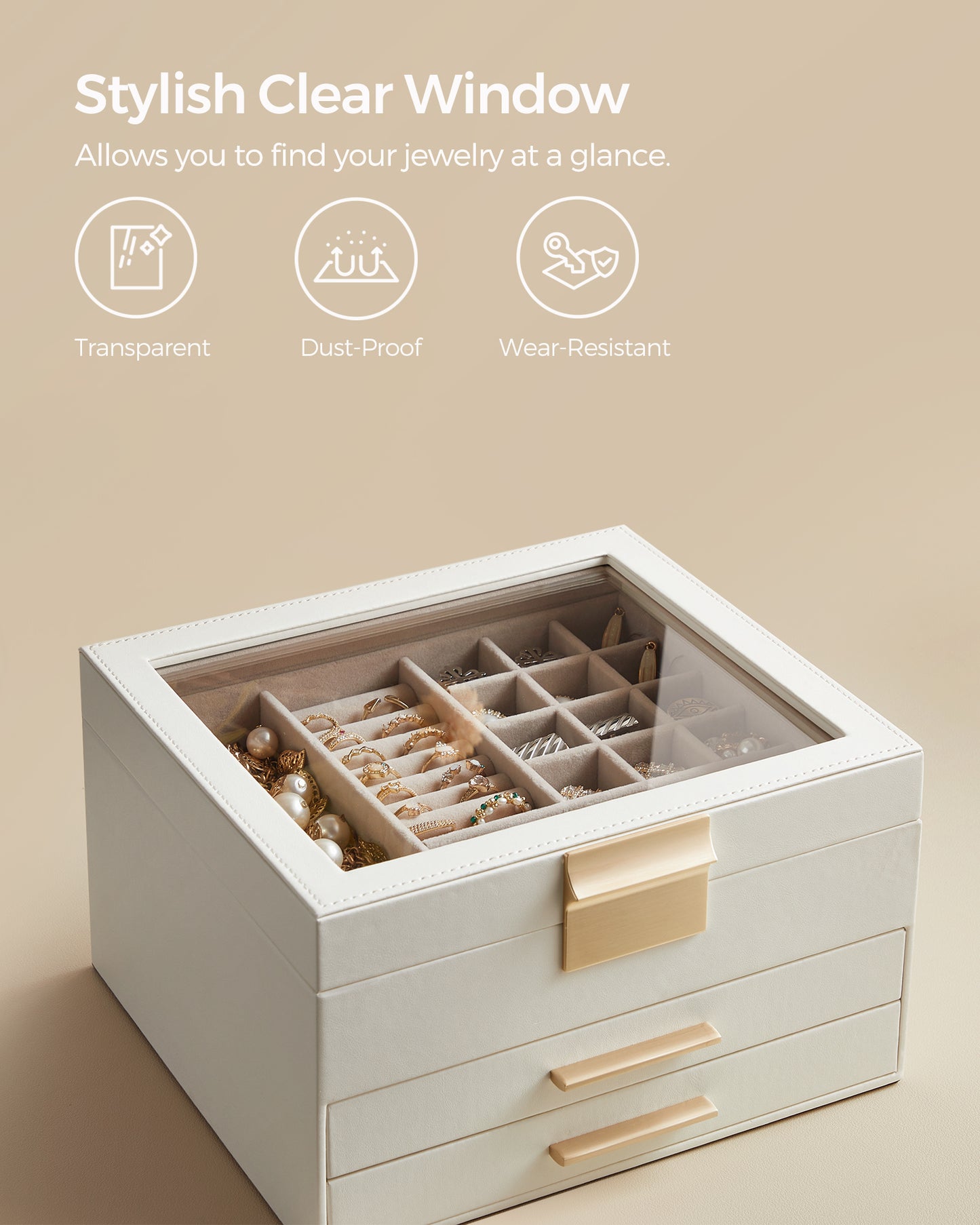 Glass Lid Jewelry Box with Glass Jewelry Organizer Case for Rings Necklaces Earrings Cloud White and Gold, for women gift