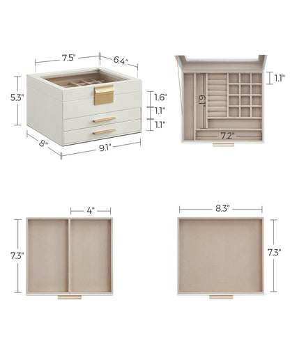 Glass Lid Jewelry Box with Glass Jewelry Organizer Case for Rings Necklaces Earrings Cloud White and Gold, for women gift