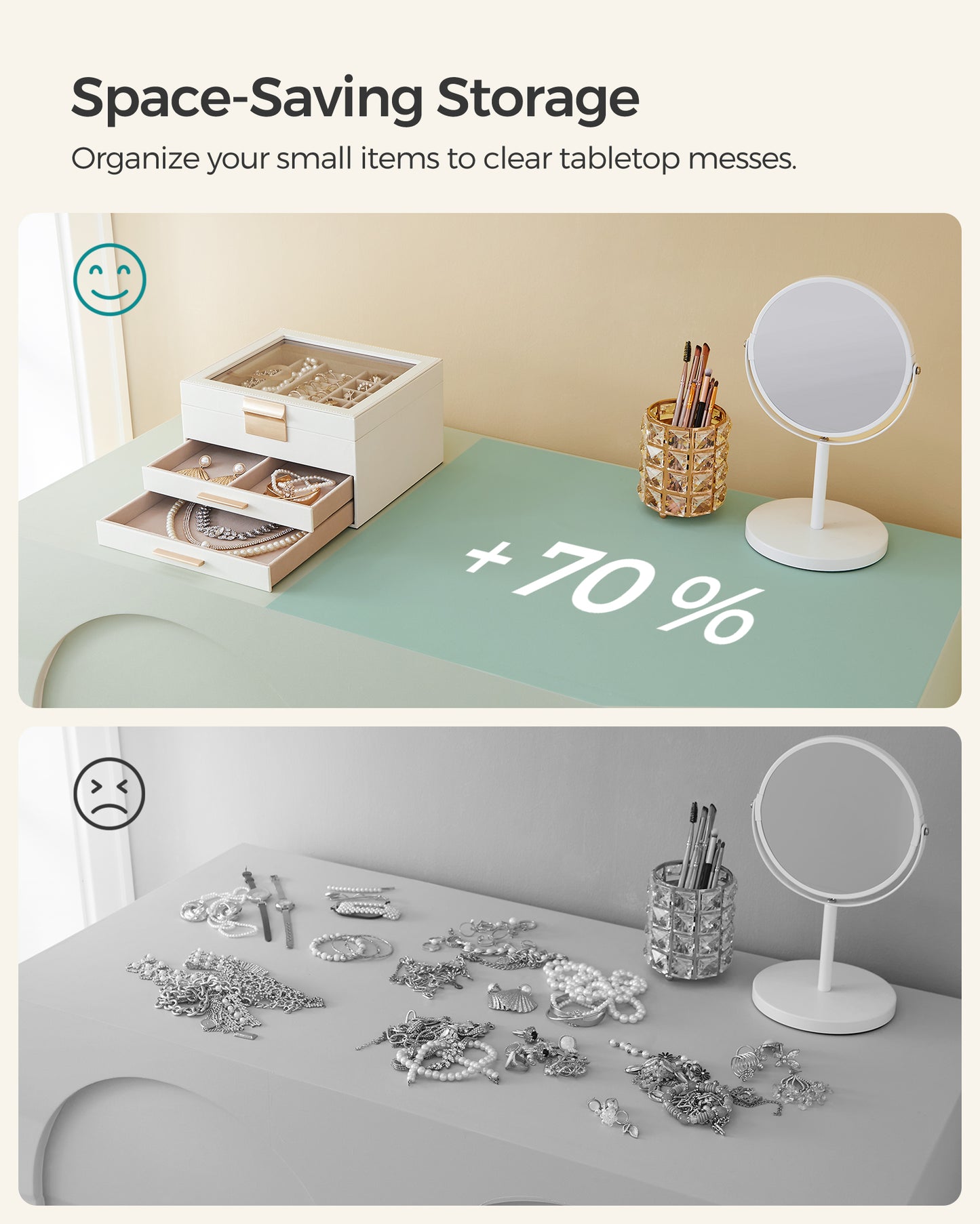 Glass Lid Jewelry Box with Glass Jewelry Organizer Case for Rings Necklaces Earrings Cloud White and Gold, for women gift