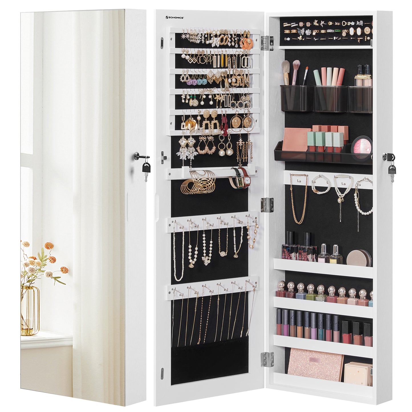 LEDREM Jewelry Cabinet Storage Lockable Wall-Mounted Jewelry Organizer Armoire Full-Length Frameless Mirror White