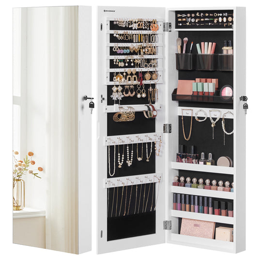 LEDREM Jewelry Cabinet Storage Lockable Wall-Mounted Jewelry Organizer Armoire Full-Length Frameless Mirror White