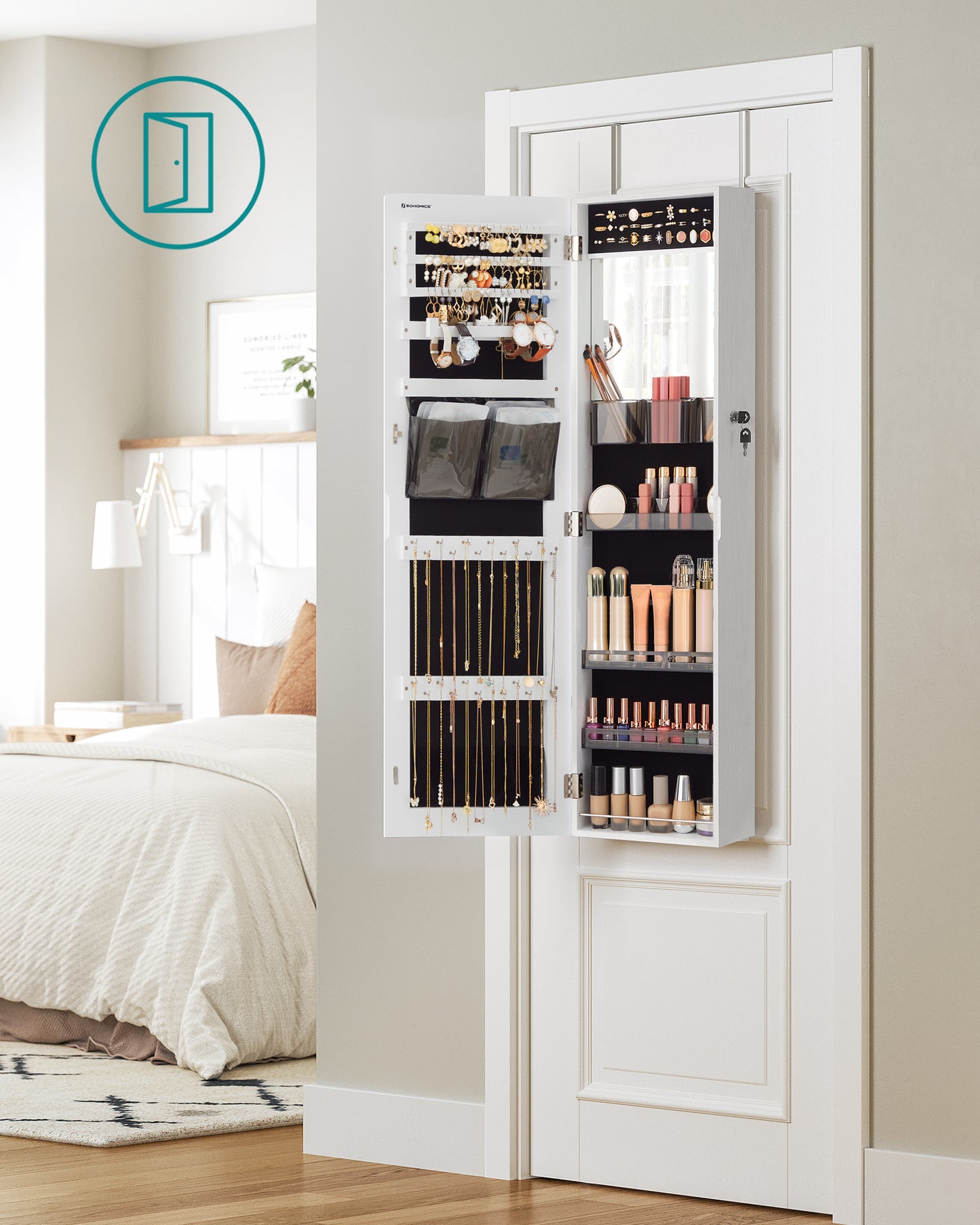 SONGMICS Lockable Jewelry Cabinet Armoire, with Full-Length Frameless Mirror