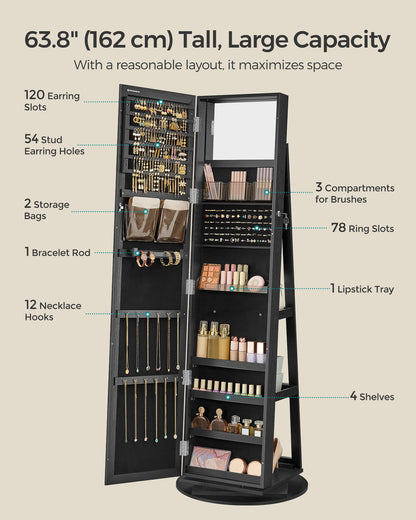 LEDREM 360 Swivel Jewelry Cabinet, Mirror Jewelry Cabinet, Over-the-Door Organizer with Jewelry Storage Interior Mirror, Jewelry Armoire, Gift Idea