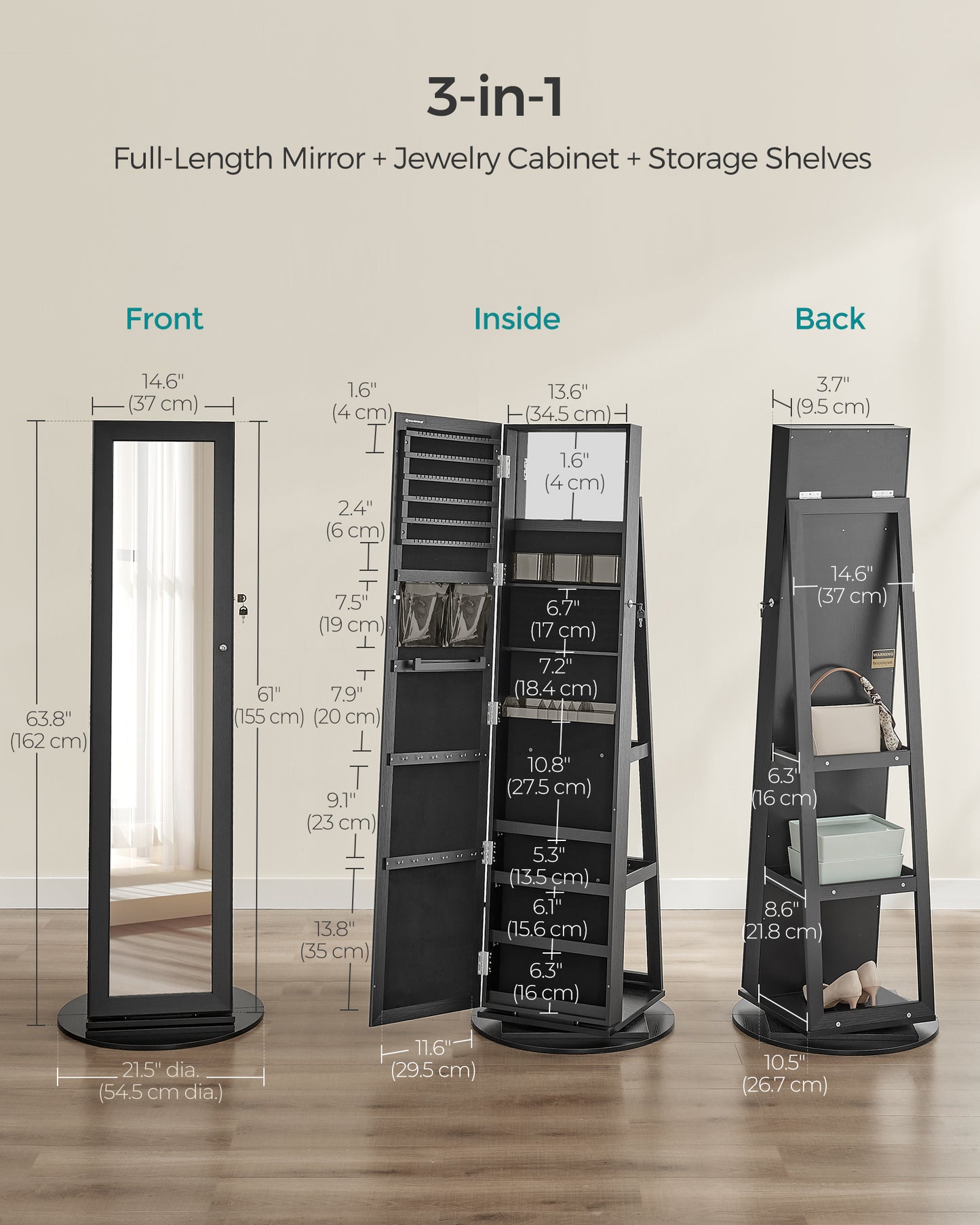 LEDREM 360 Swivel Jewelry Cabinet, Mirror Jewelry Cabinet, Over-the-Door Organizer with Jewelry Storage Interior Mirror, Jewelry Armoire, Gift Idea