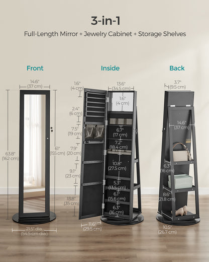 LEDREM 360 Swivel Jewelry Cabinet, Mirror Jewelry Cabinet, Over-the-Door Organizer with Jewelry Storage Interior Mirror, Jewelry Armoire, Gift Idea