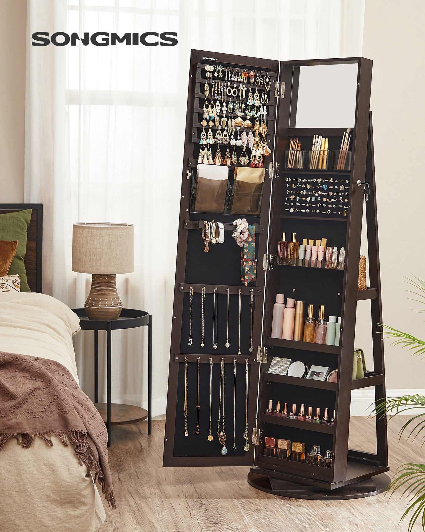 SONGMICS Mirror Jewelry Cabinet Organizer 360 Rotating Jewelry Armoire Storage Box w/ Full Length Mirror for Female Brown