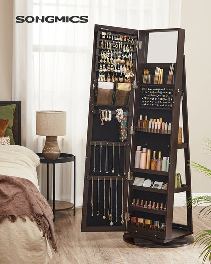 SONGMICS Mirror Jewelry Cabinet Organizer 360 Rotating Jewelry Armoire Storage Box w/ Full Length Mirror for Female Brown
