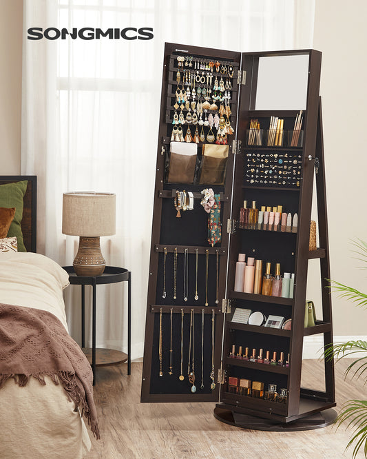 SONGMICS Mirror Jewelry Cabinet Organizer 360 Rotating Jewelry Armoire Storage Box w/ Full Length Mirror for Female Brown