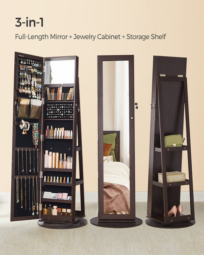 SONGMICS Mirror Jewelry Cabinet Organizer 360 Rotating Jewelry Armoire Storage Box w/ Full Length Mirror for Female Brown