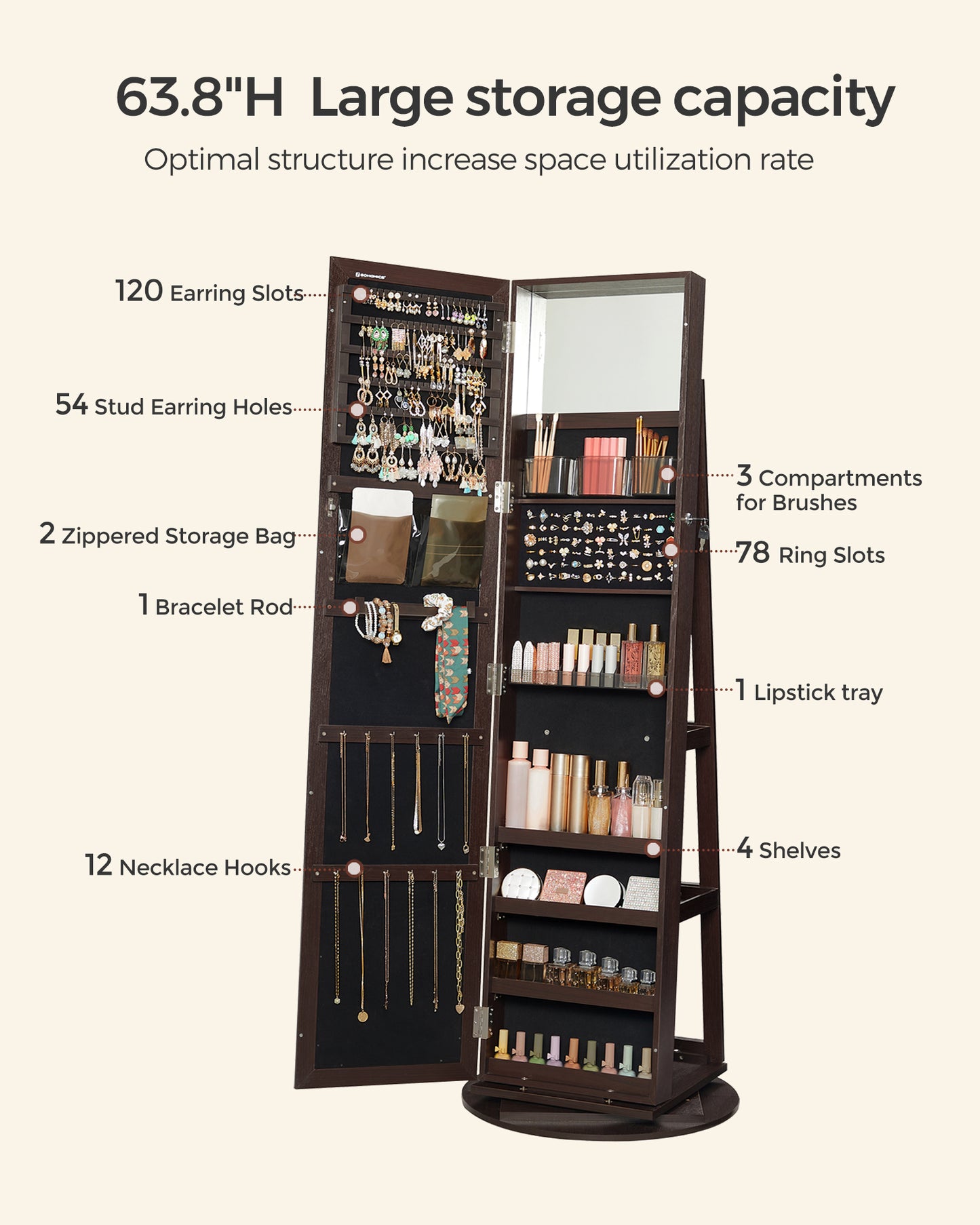 SONGMICS Mirror Jewelry Cabinet Organizer 360 Rotating Jewelry Armoire Storage Box w/ Full Length Mirror for Female Brown