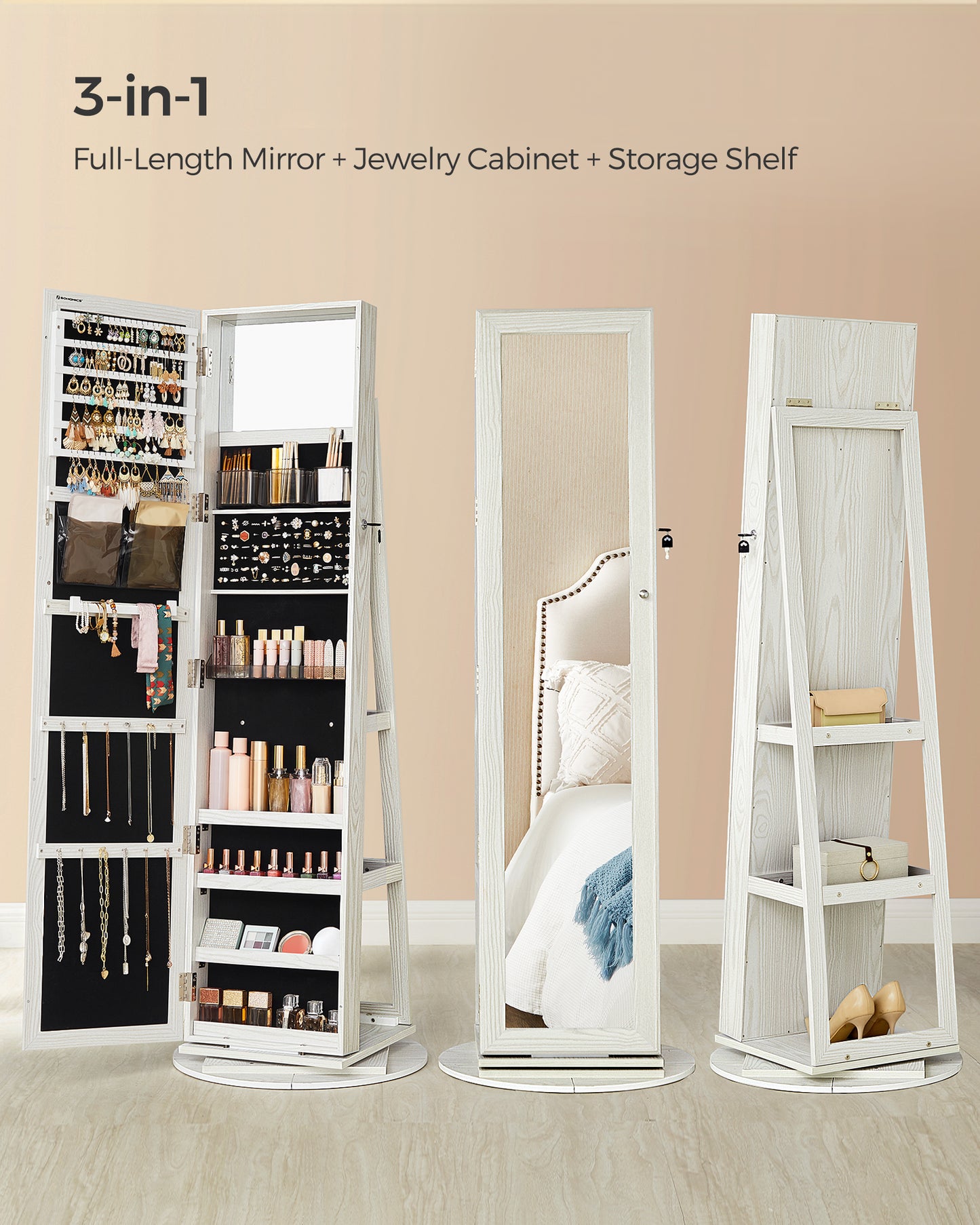 LEDREM Mirror Jewelry Cabinet Organizer 360 Rotating Jewelry Armoire Storage Box w/ Full Length Mirror for Female White