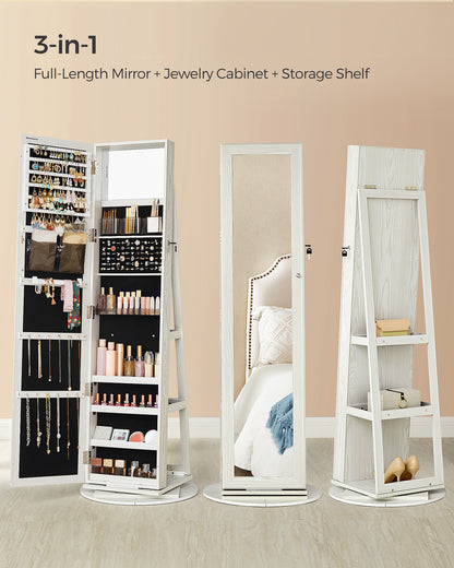 LEDREM Mirror Jewelry Cabinet Organizer 360 Rotating Jewelry Armoire Storage Box w/ Full Length Mirror for Female White