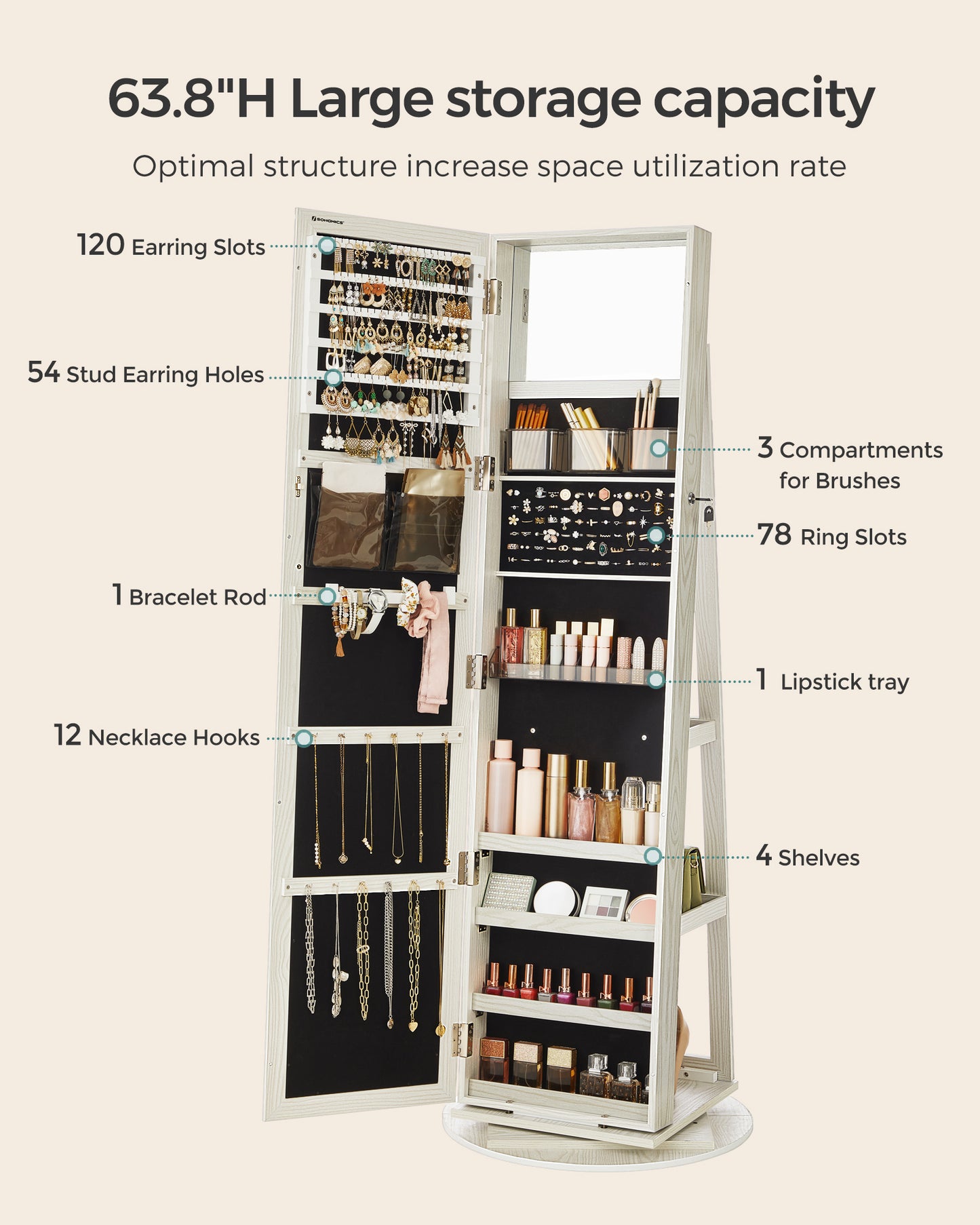 LEDREM Mirror Jewelry Cabinet Organizer 360 Rotating Jewelry Armoire Storage Box w/ Full Length Mirror for Female White