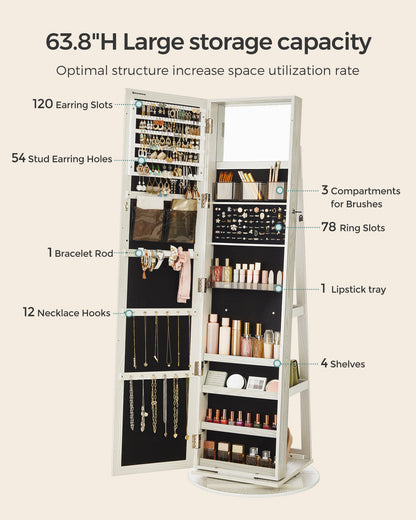 LEDREM Mirror Jewelry Cabinet Organizer 360 Rotating Jewelry Armoire Storage Box w/ Full Length Mirror for Female White