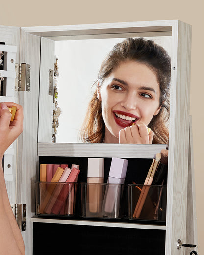 LEDREM Mirror Jewelry Cabinet Organizer 360 Rotating Jewelry Armoire Storage Box w/ Full Length Mirror for Female White