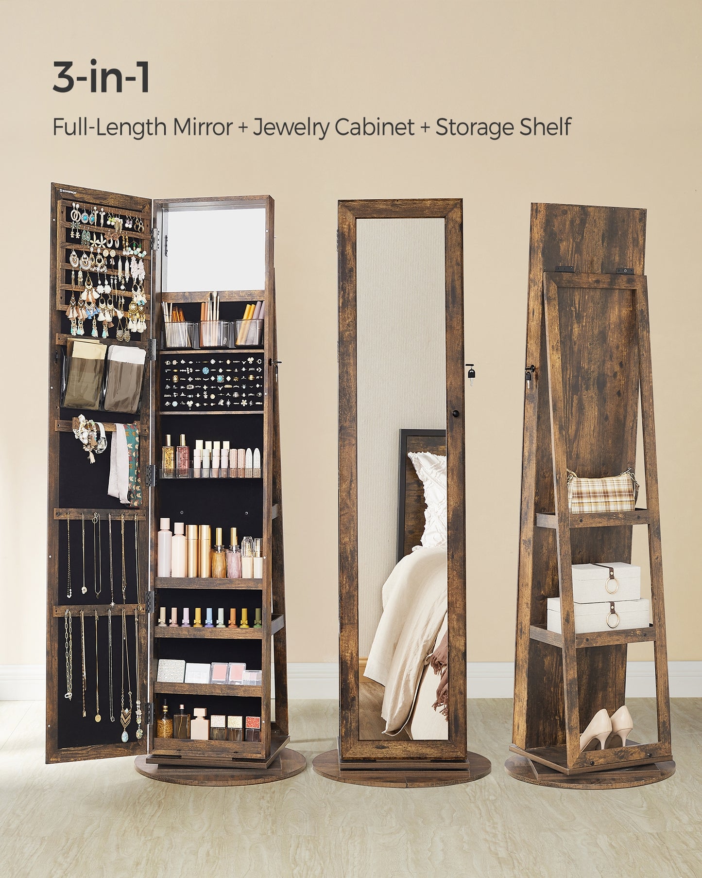 SONGMICS Mirror Jewelry Cabinet Organizer 360 Rotating Jewelry Armoire Storage Box w/ Full Length Mirror for Female Rustic Brown