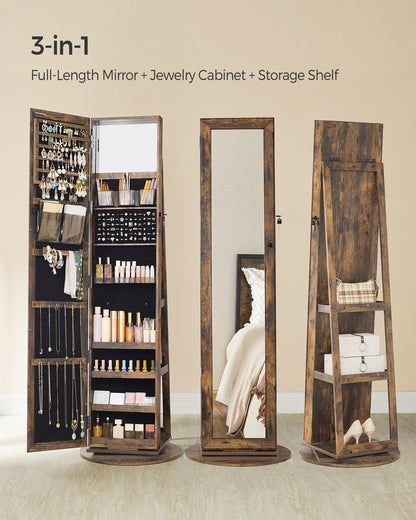 SONGMICS Mirror Jewelry Cabinet Organizer 360 Rotating Jewelry Armoire Storage Box w/ Full Length Mirror for Female Rustic Brown