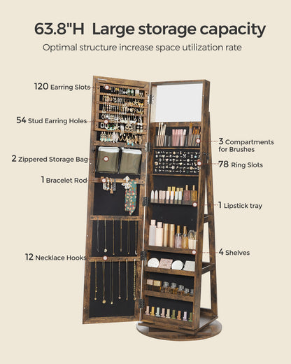 SONGMICS Mirror Jewelry Cabinet Organizer 360 Rotating Jewelry Armoire Storage Box w/ Full Length Mirror for Female Rustic Brown