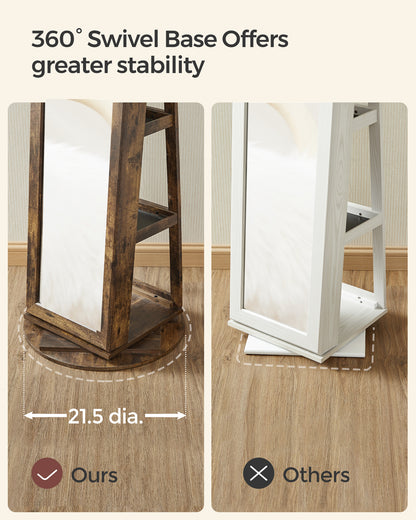 SONGMICS Mirror Jewelry Cabinet Organizer 360 Rotating Jewelry Armoire Storage Box w/ Full Length Mirror for Female Rustic Brown