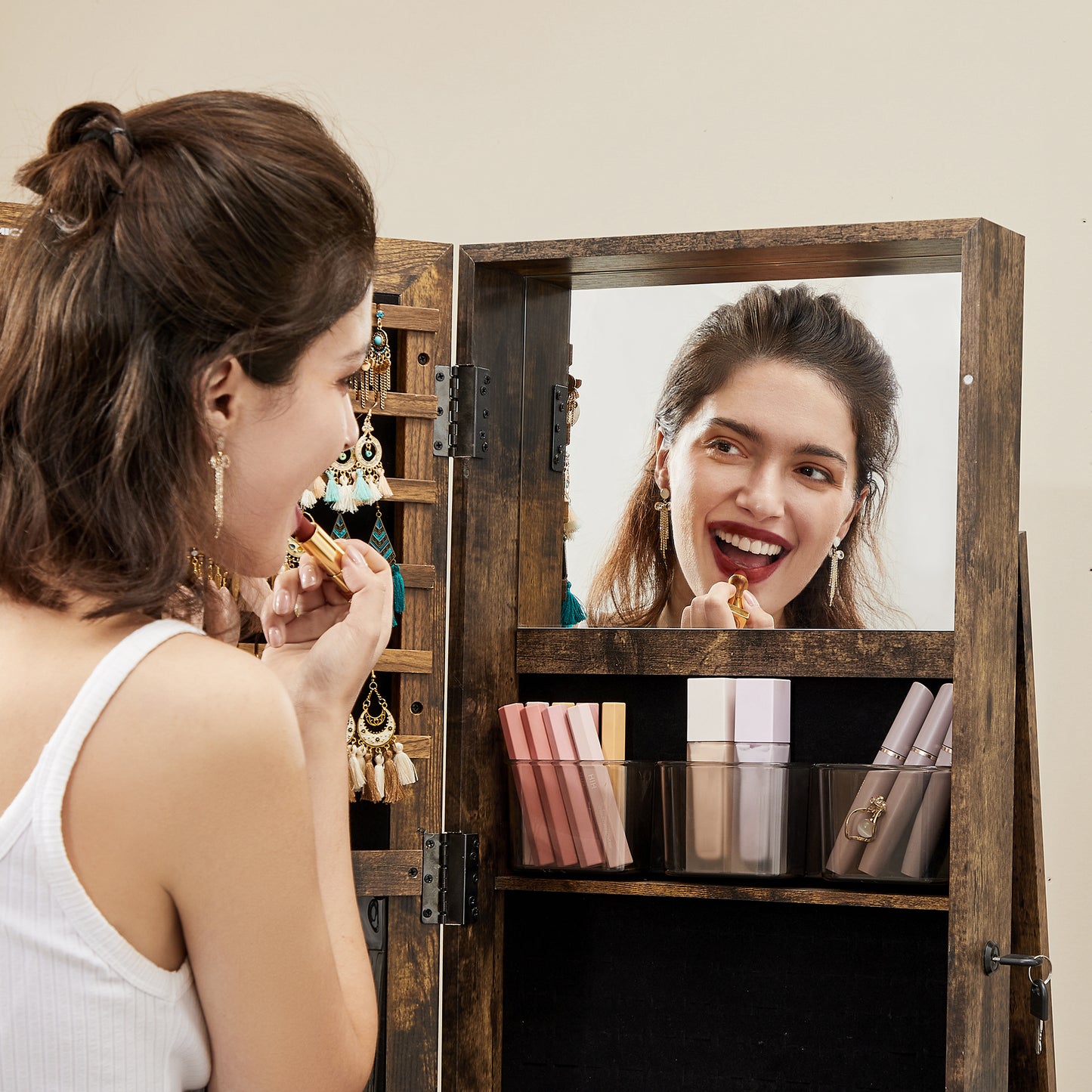 SONGMICS Mirror Jewelry Cabinet Organizer 360 Rotating Jewelry Armoire Storage Box w/ Full Length Mirror for Female Rustic Brown