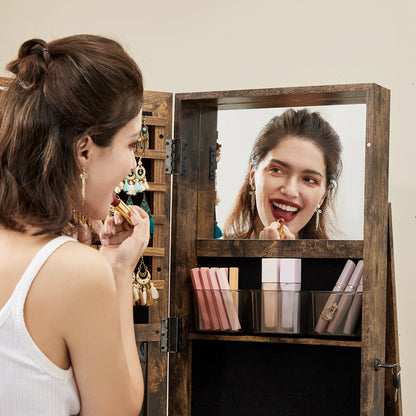 SONGMICS Mirror Jewelry Cabinet Organizer 360 Rotating Jewelry Armoire Storage Box w/ Full Length Mirror for Female Rustic Brown