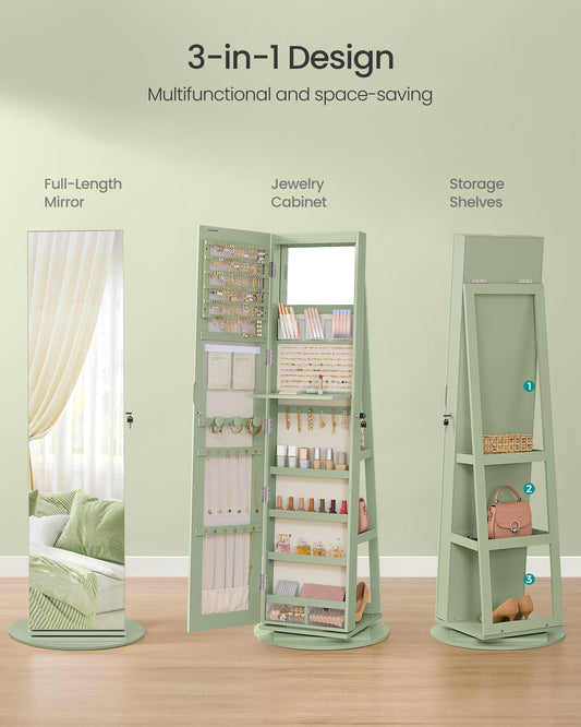 Lockable Jewelry Cabinet with 360° Swivel & LED Lights, Full-Length Mirror, 3 Shelves, 120+ Jewelry Slots, Green and Cream White