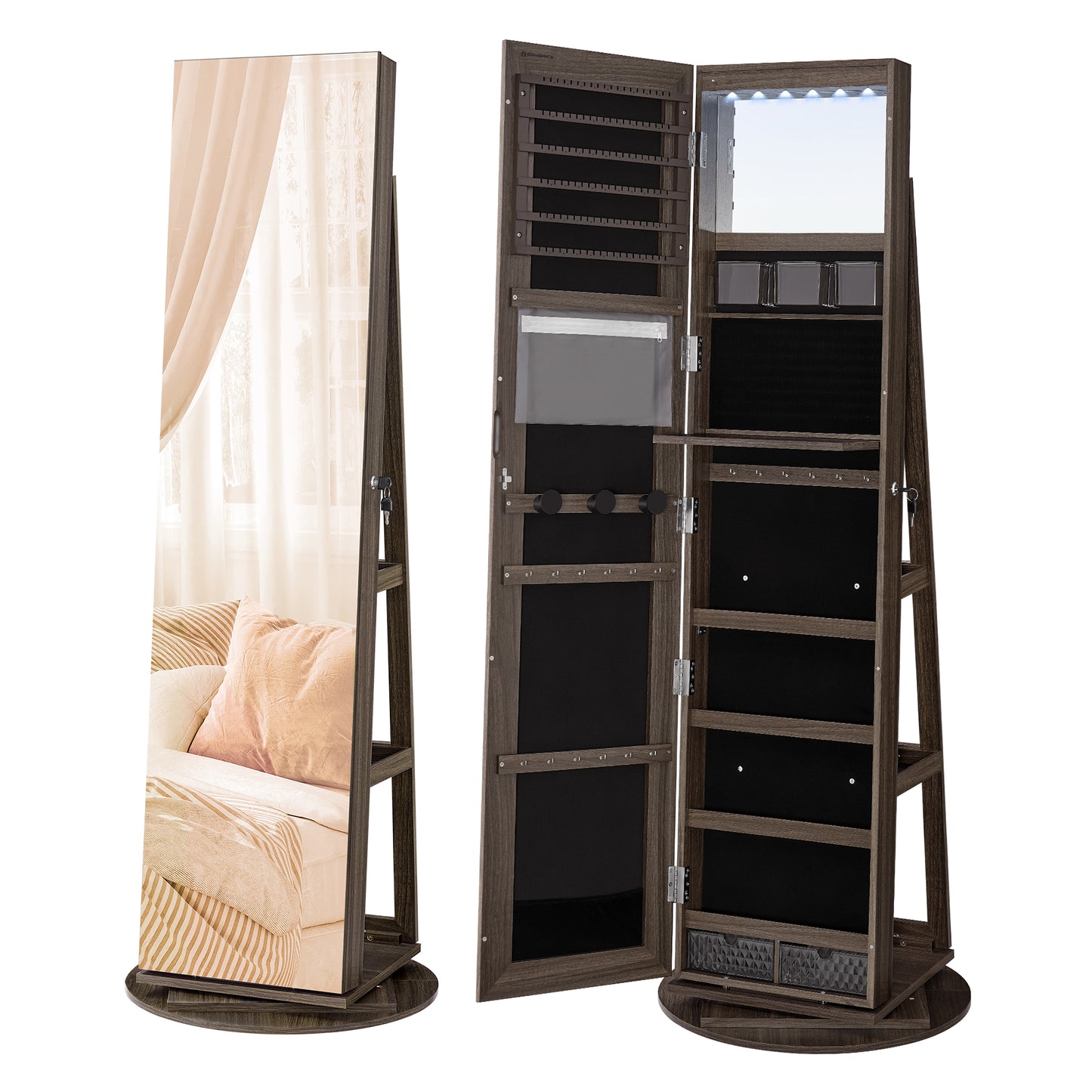 SONGMICS 360° Swivel Mirror Jewelry Cabinet Standing 6 LEDs Jewelry Armoire Box Organizer with Full Length Mirror and Storage Shelve