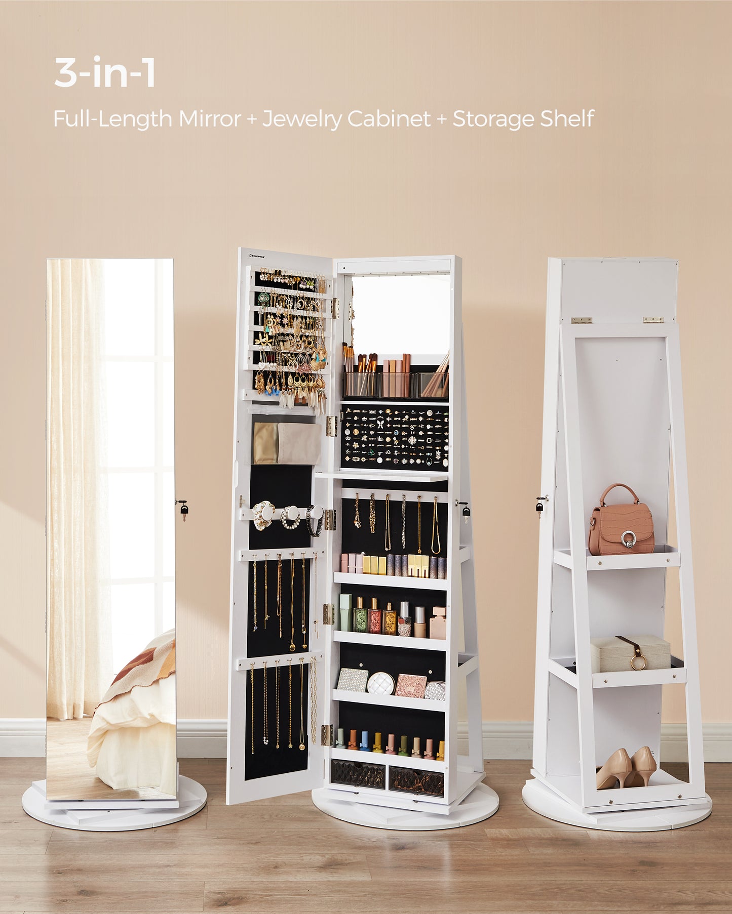 LEDREM Jewelry Cabinet, 360 Swivel Mirror Jewelry Cabinet Standing 6 LEDs, Jewelry Armoire Box Organizer with Full Length Mirror White