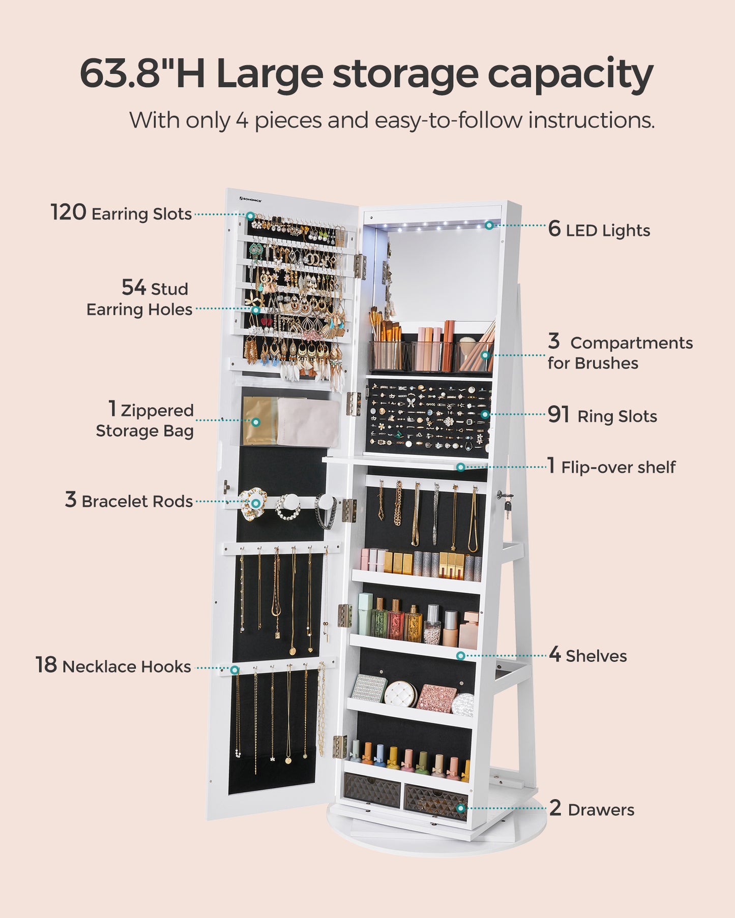 LEDREM Jewelry Cabinet, 360 Swivel Mirror Jewelry Cabinet Standing 6 LEDs, Jewelry Armoire Box Organizer with Full Length Mirror White