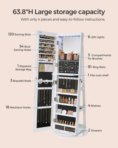 LEDREM Jewelry Cabinet, 360 Swivel Mirror Jewelry Cabinet Standing 6 LEDs, Jewelry Armoire Box Organizer with Full Length Mirror White