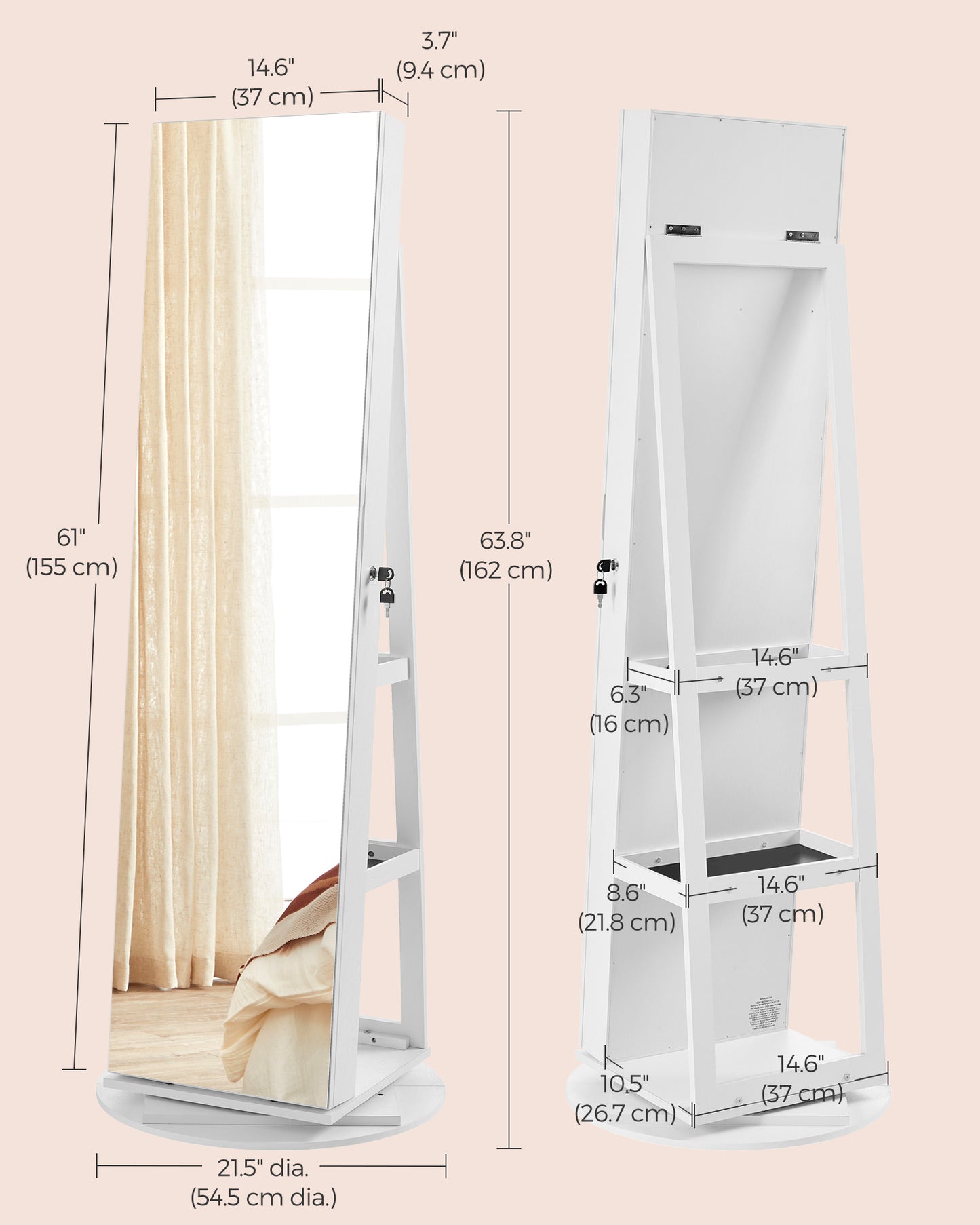 LEDREM Jewelry Cabinet, 360 Swivel Mirror Jewelry Cabinet Standing 6 LEDs, Jewelry Armoire Box Organizer with Full Length Mirror White