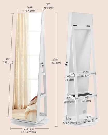 LEDREM Jewelry Cabinet, 360 Swivel Mirror Jewelry Cabinet Standing 6 LEDs, Jewelry Armoire Box Organizer with Full Length Mirror White